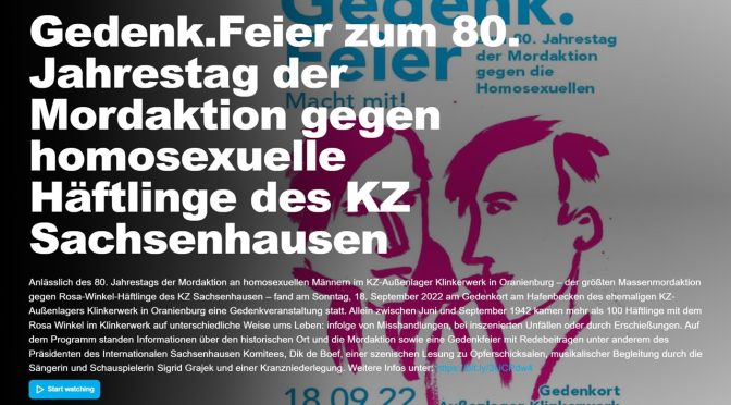 Gedenk.Feier zum 80. Jahrestag der Mordaktion gegen homosexuelle Häftlinge des KZ Sachsenhausen